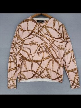 Ralph Lauren Tan Crewneck Sweater with Brown Equestrian Print Light Weight